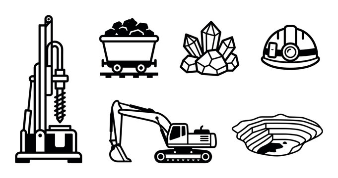 Set of black mining industry icons featuring a drilling rig, excavator, mine cart, helmet, crystals, and quarry in a simple, bold line art vector illustration style
