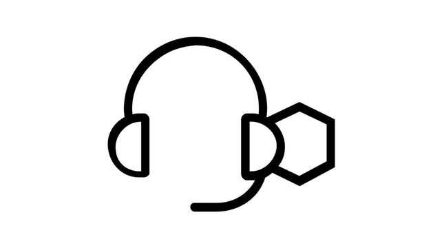 Minimalist vector icon illustration of a customer support headset with a hexagonal speech bubble, perfect for help desk, call center, communication, and business technology services line art.
