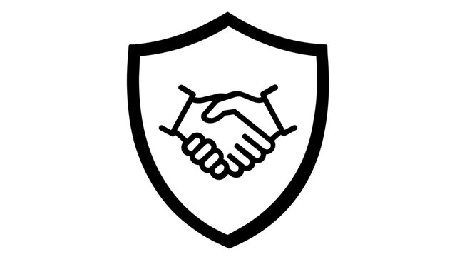 Fiduciary duty vector icon with a handshake inside a shield. Clean line art illustration for business trust, legal protection, partnership agreement, and secure professional relationships.