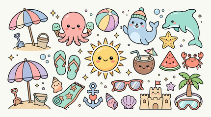 Kawaii Summer Vector Illustration Collection, Cute Beach Icon Set, Sea Animals and Tropical Holiday Elements in Pastel Colors © Karjani Creative