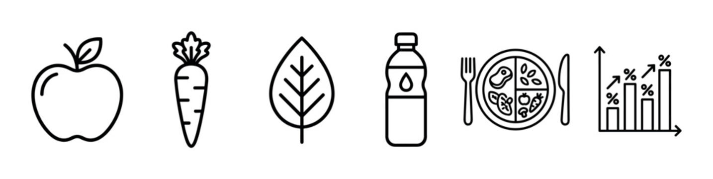 Set of black line icons representing healthy eating, nutrition, and diet, featuring an apple, carrot, leaf, water bottle, balanced meal plate, and a progress chart