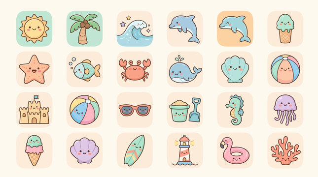 Cute Kawaii Summer Beach Icon Set, Hand Drawn Marine Life and Vacation Elements Vector Illustration