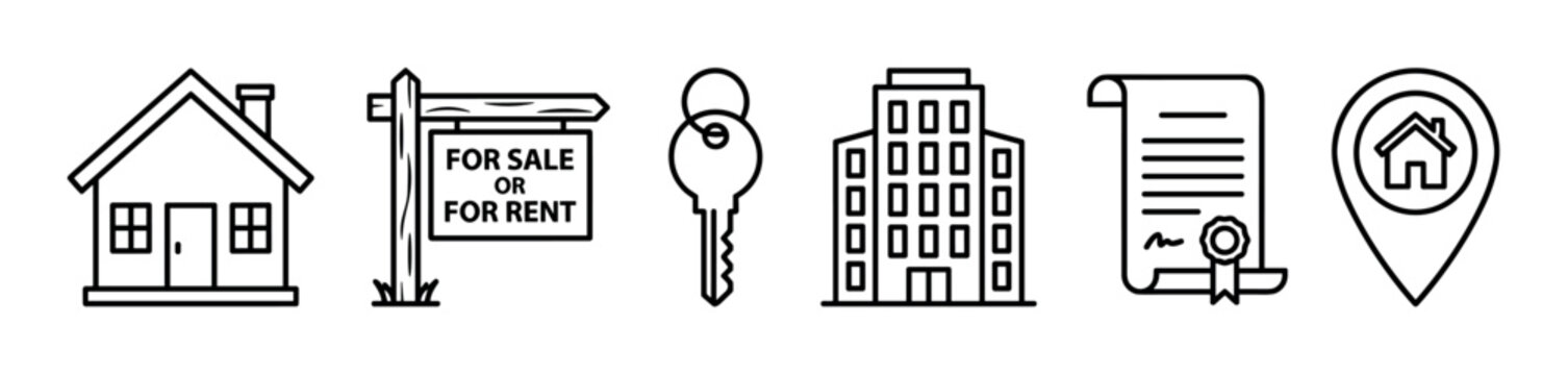 Set of black line art real estate icons including a house, for sale sign, keys, apartment building, contract, and location pin for property business concepts