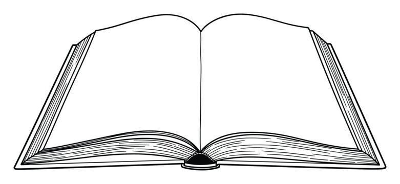 Blank open book line drawing for educational and literary content development and visual aids