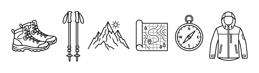 Fototapeta premium Hiking and camping equipment icon set in a minimalist black and white line art style, featuring boots, trekking poles, a mountain, map, compass, and a hooded jacket
