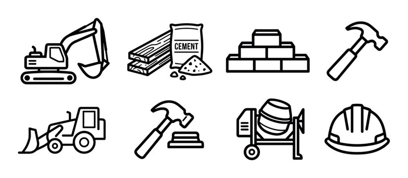 Set of black construction line icons featuring an excavator, cement mixer, hard hat, hammer, bricks, and loader, depicted in a simple, bold, and minimalist graphic style