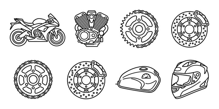 Set of motorcycle parts and accessories icons featuring a sportbike, engine, helmet, brake disc, and sprocket in a clean black and white linear graphic illustration style