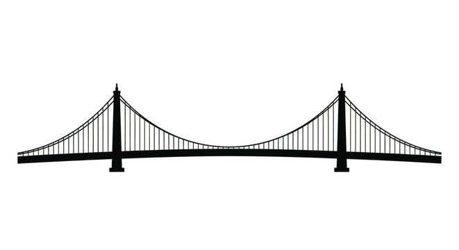 Suspension Bridge Silhouette Against White Background.