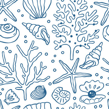 Seashells and Coral Seamless Pattern. Perfect for wrapping paper, textile, wallpaper. 