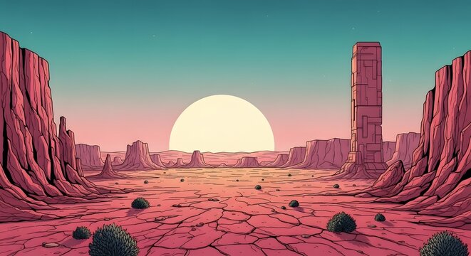 Desert canyon landscape with red rock formations and a futuristic tower. Sci-fi exploration and mystery. Monolith standing in a dry cracked earth valley under a setting sun