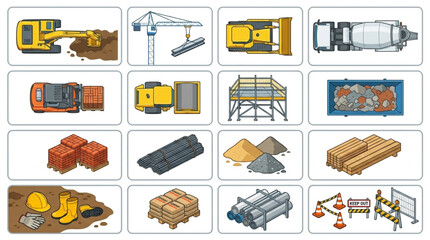Construction equipment and materials collage top view. © Sandri