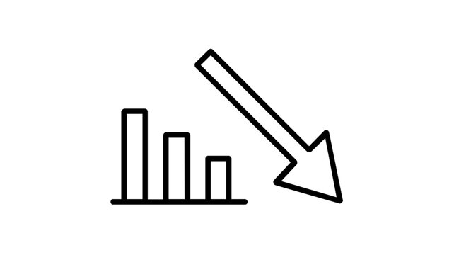 Minimalist vector icon illustration of a downward trend bar chart with a large arrow pointing down, representing short selling, financial loss, stock market crash, and economic recession.