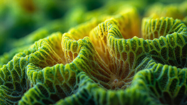 Extreme macro shot of brain coral with intricate geometric patterns and vibrant green hues