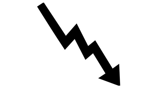 Minimalist vector icon illustration of a bold black downward zigzag arrow representing a stock market crash, financial loss, economic recession, business decline, and short selling trends.
