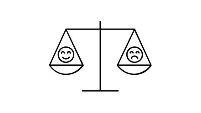 Minimalist vector illustration of a balance scale with happy and sad face emojis, representing sentiment analysis, customer feedback, emotional equilibrium, and business data analytics icon.
