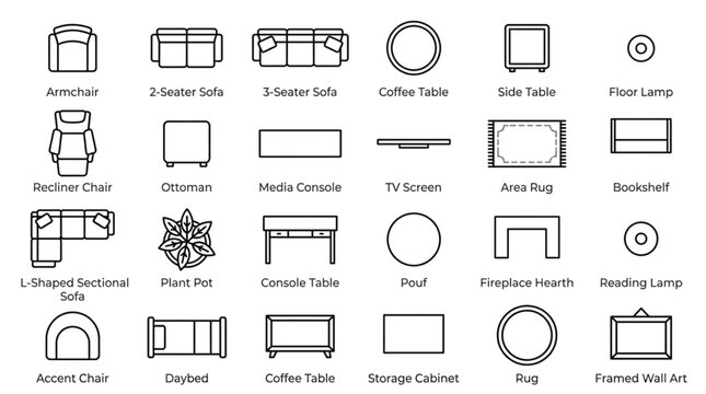 Collection of Furniture and Home Decor Symbols for Floor Plans.