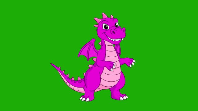 A 2D vector animation featuring a friendly, smiling purple cartoon dragon standing against a solid chroma key green background. This character asset is perfect for children's educational videos, mobil