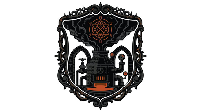 Intricate black heraldic crest emblem with ornate frame.