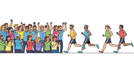 Fototapeta premium Runners competing in a marathon with cheering spectators.