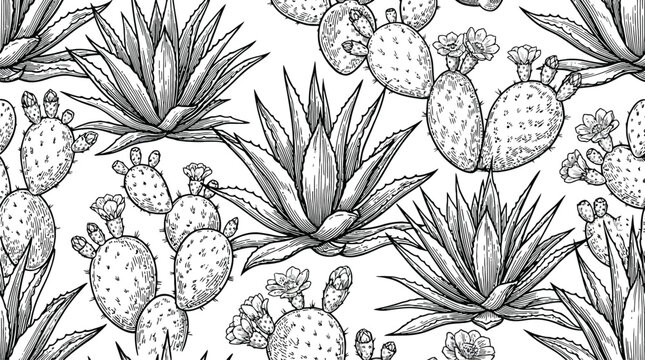 Monochrome Line Art Of Cactus And Agave Plants.