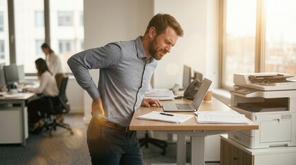 Obraz premium Businessman suffering from lower back pain while working at a standing desk in a modern office