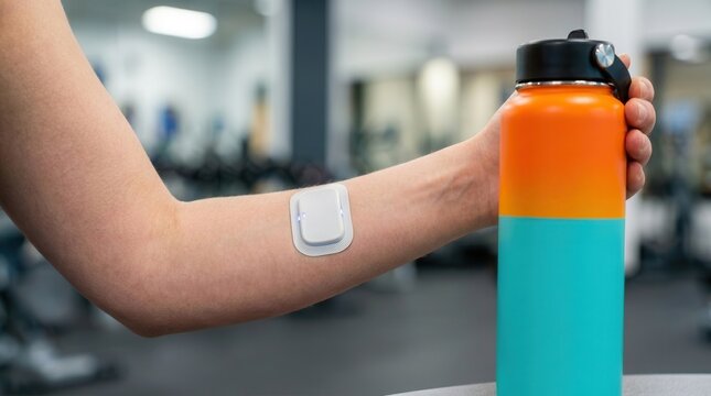 Person Wearing a Continuous Glucose Monitor (CGM) Sensor on Arm Holding a Water Bottle in the Gym