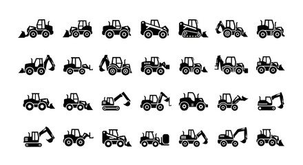 Naklejka premium Construction Equipment Icons: Excavator, Loader, Bulldozer, Tractor, Digger Set