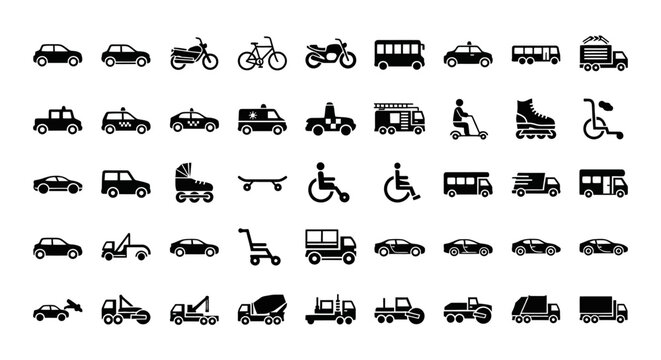 Diverse Transportation Icons: Cars, Bikes, Trucks, Buses, Scooters, and Wheelchairs