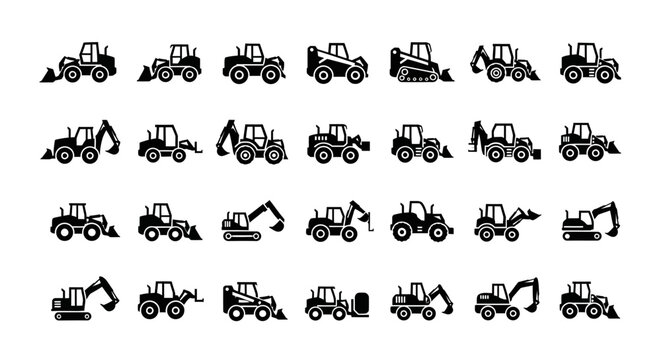 Construction Equipment Icons: Excavator, Loader, Bulldozer, Tractor, Digger Set