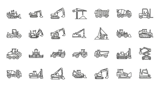 Construction Equipment Icons: Heavy Machinery Set, Vector Illustration