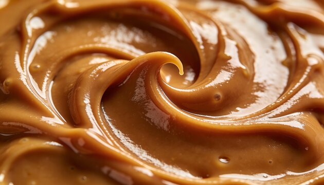 Smooth swirl of creamy caramel texture with rich brown color and glossy shine
