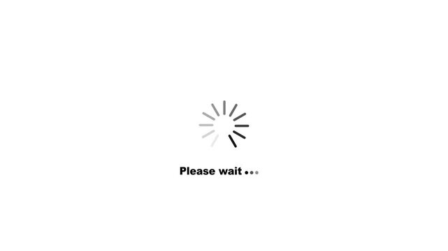 Abstract animated black circular loading mark with writing please wait on white background.