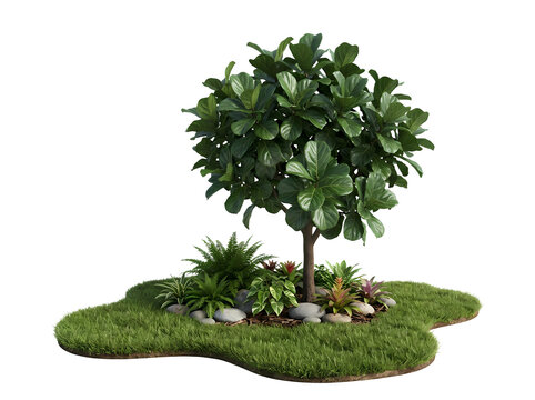 Vibrant fiddle leaf fig tree standing on a patch of lush green grass with decorative smooth river stones and various tropical plants creating a beautiful natural garden design element for landscaping.