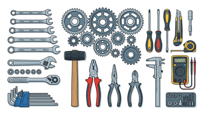 Collection of various mechanical tools and gears for repair and construction.