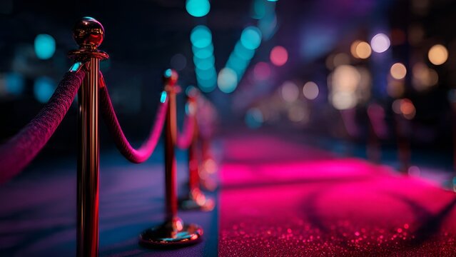 Golden stanchions with velvet ropes line a glittering pink carpet under vibrant neon lights,