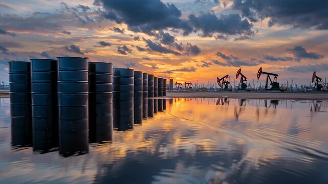 Oil barrels mirror in pooled water as multiple pump jacks extract crude against a dramatic sunset, symbolizing global energy demand, fossil fuel production and environmental impact