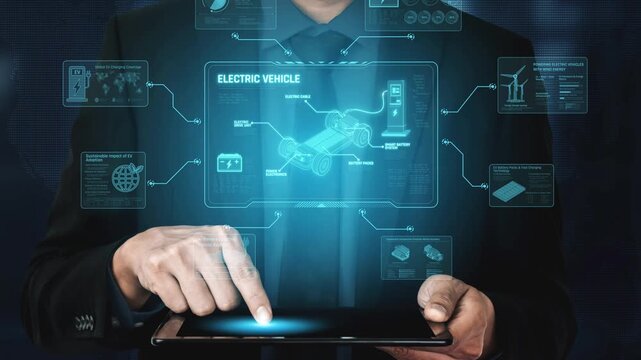 Technical layout of electric vehicle showing battery system, power control, traction motor, charging interface, and integration with renewable and smart energy sources Marrow