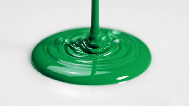 A professional shot of thick green paint being poured, showing high viscosity and smooth texture. Ideal for creative advertising and artistic transitions.