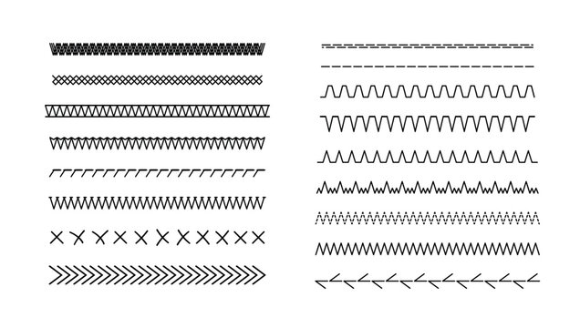 Embroidery vector stitch patterns with geometric lines and borders. Vector textile design elements featuring decorative stitched edges, cross-stitch dividers, and seamless sewing motifs.