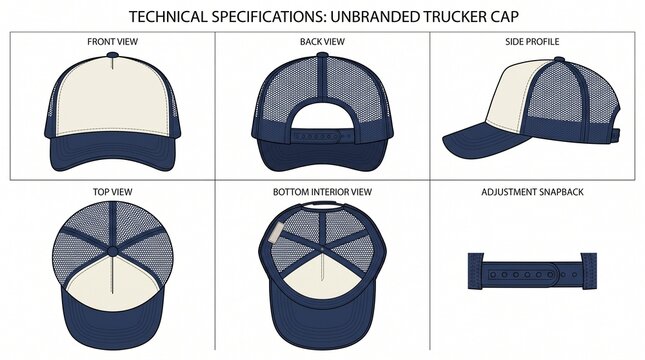Technical specifications of an unbranded trucker cap, showing front, back, side, top, bottom interior views, and adjustment snapback details.