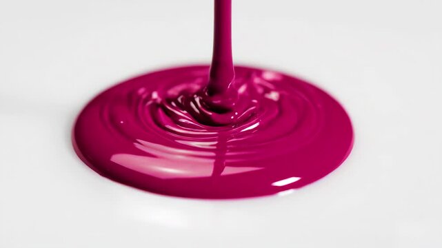 Viscous magenta liquid flows and pools into smooth, glossy concentric ripples on a clean white surface. Ideal for cosmetics, nail polish, paint mixing, or abstract fluid motion graphics.