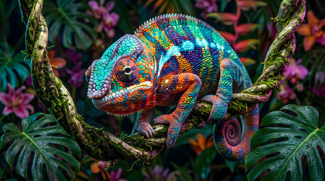 Vibrant multi-colored panther chameleon perched on a mossy vine in a lush tropical rainforest surrounded by exotic flowers and green foliage