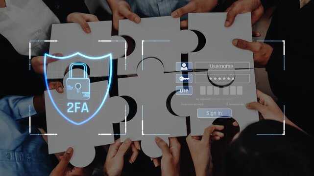 A close-up of hands working together to assemble a puzzle while a digital security interface displays two-factor authentication elements. This illustrates online safety. Raster