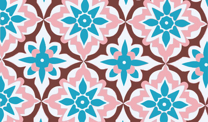 Fototapeta premium Seamless oriental pattern with ornamental tiles and floral motifs in pink and turquoise colors