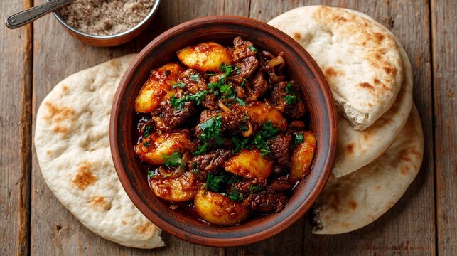 Beef stew with potatoes and herbs is served in a clay bowl accompanied by fresh flatbreads on wood.