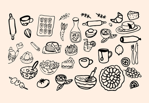 Brush drawn doodle sketch Italian brunch clipart set. Hand drawn food ink illustration with poster template. Doodle sketch 10