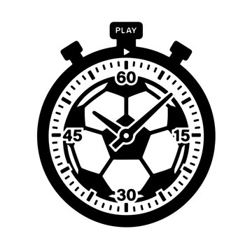 soccer ball and stopwatch icon symbolizing match time and live sports tracking. A clean black and white minimalist design perfect for live score apps, football tournament management