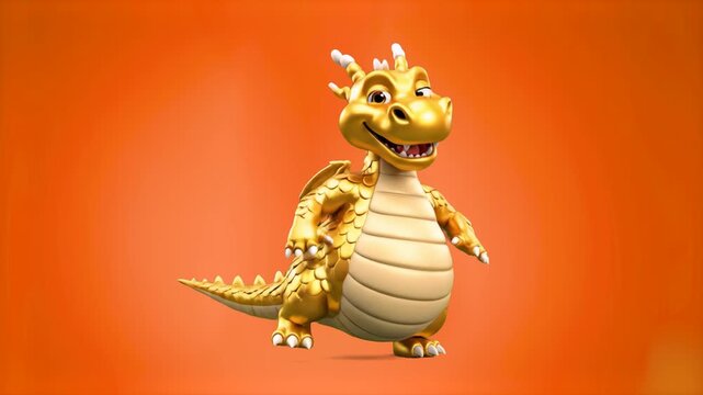 This 3D animation features a cute and cheerful golden-colored dragon character dancing joyfully against a solid, vibrant orange background. The high contrast and happy motion make this a versatile cli