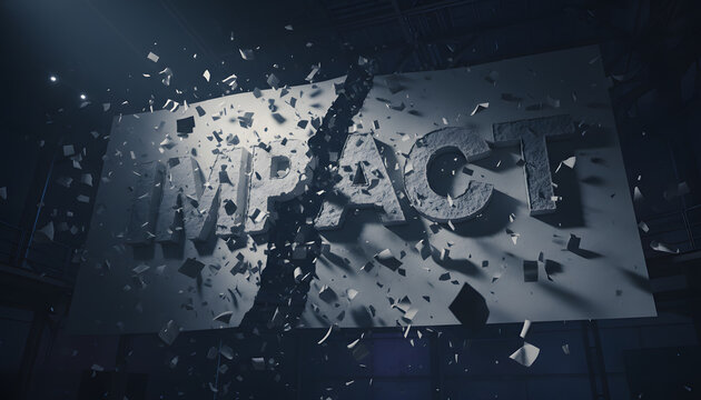 IMPACT Word Breaking Apart with Explosive Debris and Fragments in Dramatic 3D Render