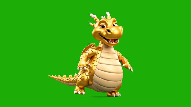 A playful 3D animation shows a friendly, golden-colored cartoon dragon character dancing cheerfully against a solid green screen backdrop. The chroma key background makes this clip easy to isolate and